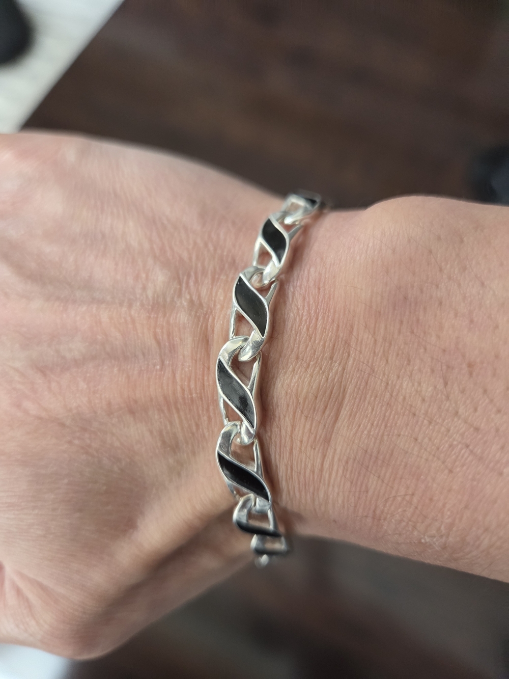 Vintage 925 Sterling Silver & Black Enamel Link Bracelet - (7.5")